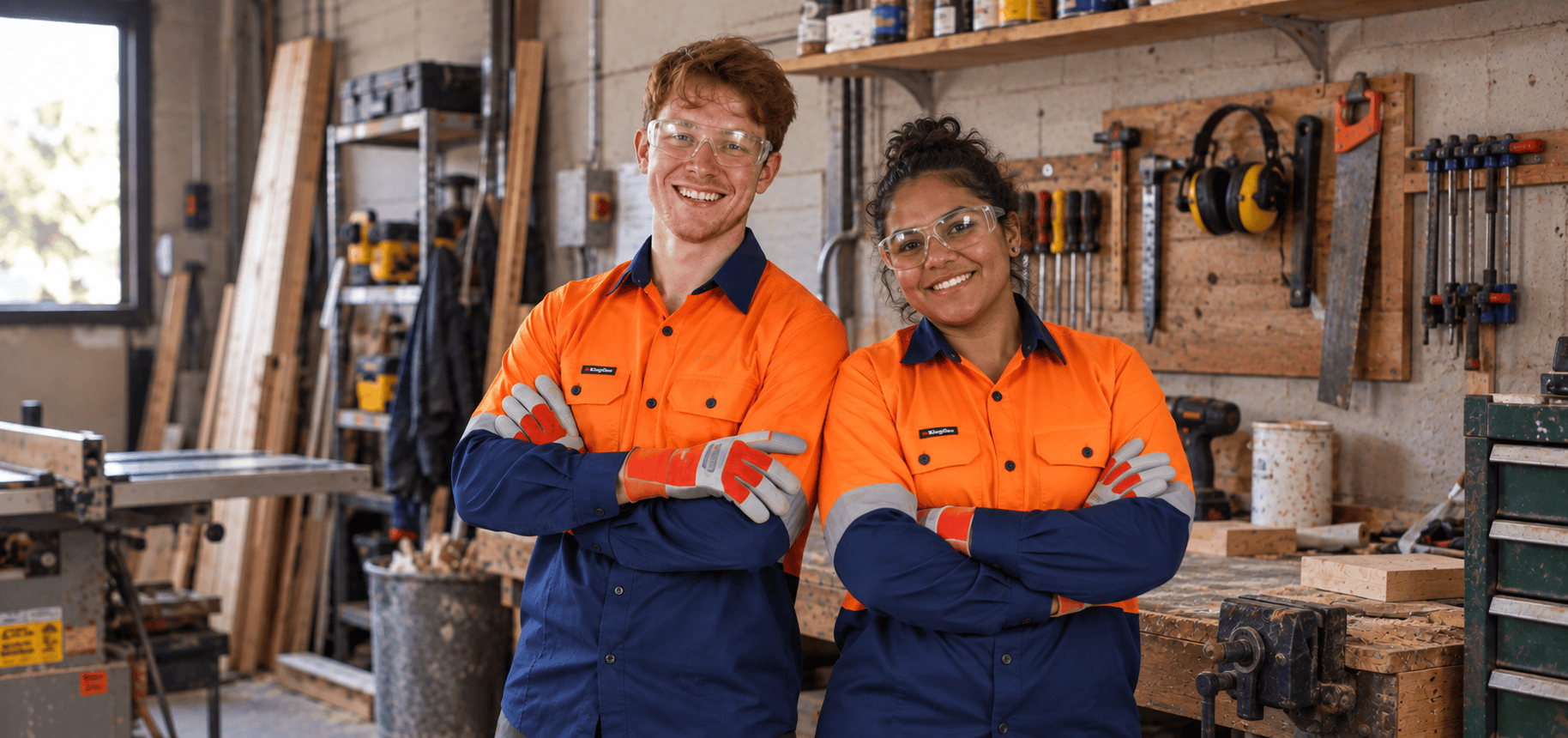 Two learners in a workshop wearing safety gear, representing the application of numeracy skills in a practical trade environment.