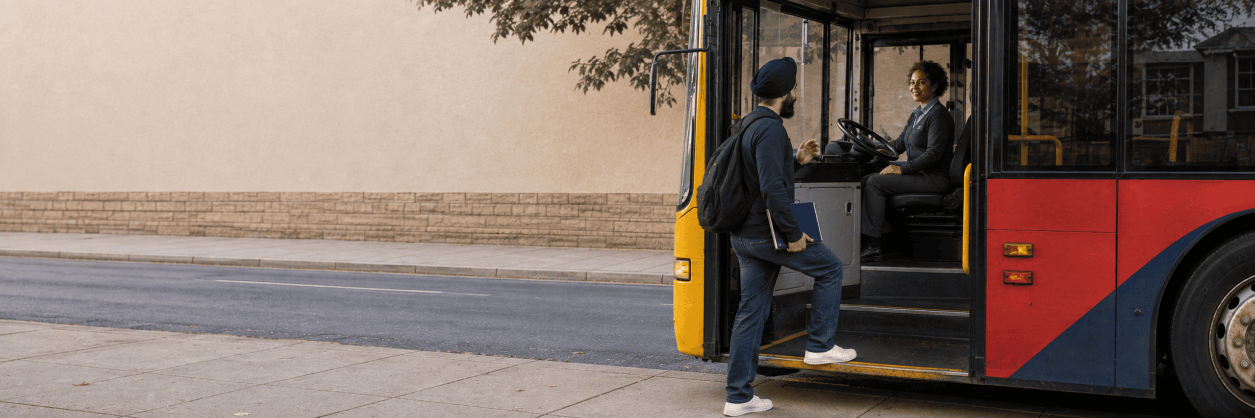 Person using public transport and communicating with a bus driver, demonstrating English language and everyday life skills.